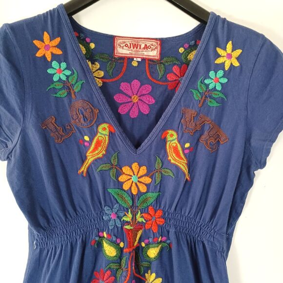 Johnny Was JWLA Dress Large Embroidered Birds Love Stretch Knit Boho Hippie Vntg - Picture 3 of 10